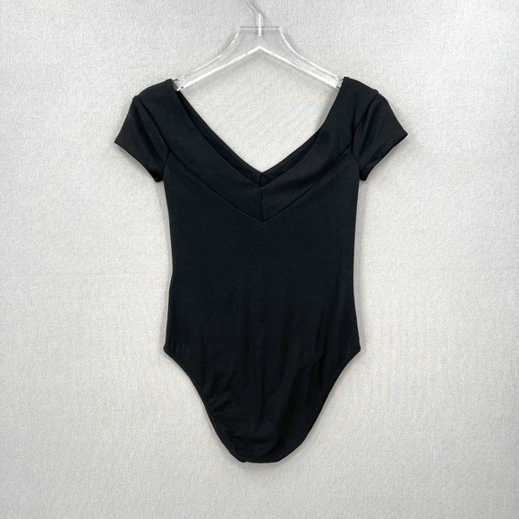 MAJE Off the Shoulder Bodysuit Womens 1 Small Black Double V-neck Short Sleeve - Picture 3 of 15